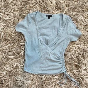 Fashion Nova, light blue faux wrap top with tie detail, size S